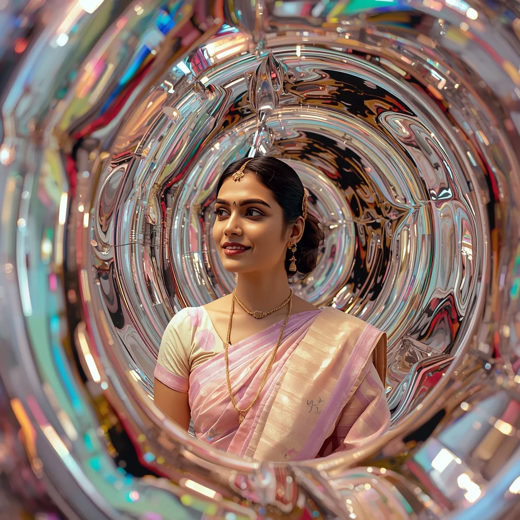 Festive Pastel Saree Liquid Mirror Spiral Bloom Collage | Wedding Saree Ai Prompt - Prompt Trending