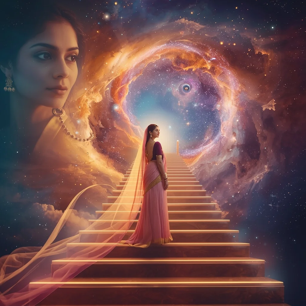 Festive Pastel Saree Majestic Infinite Cosmic Staircase Collage | Majestic Nebula Prompt | Prompt For Gemini Ai Girl In Traditional Dress - Prompt Trending