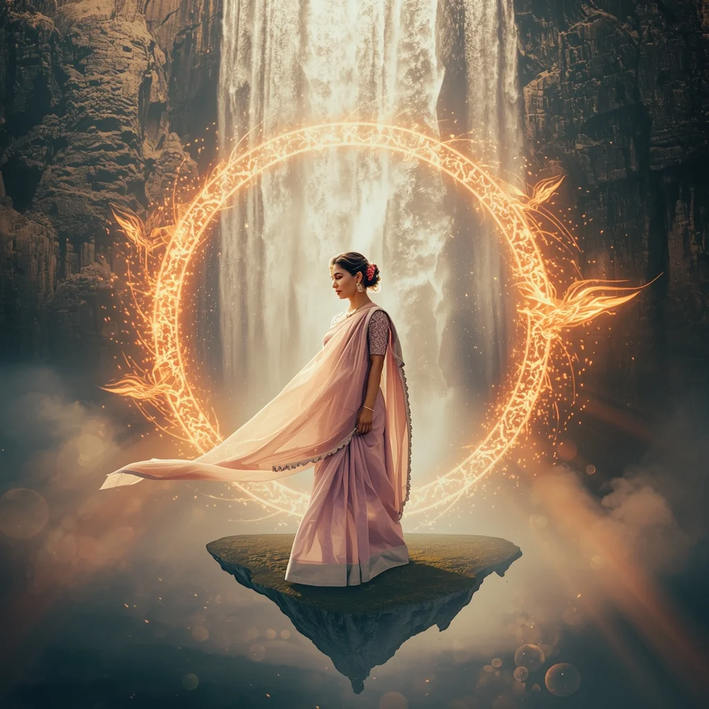 Festive Pastel Saree Phoenix Crystal Waterfall Portal Collage | Mythical Legendary Prompt | Saree Whatsapp Dp Ai Prompt - Prompt Trending