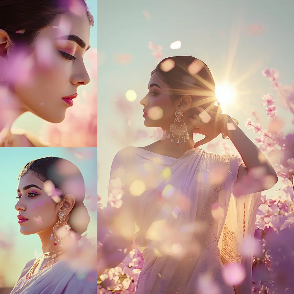 Festive Pastel Saree Prism Bloom Collage | Indian Girl Glow Depth Aesthetic Soft Cinematic Ultra Realistic Viral Prompt | Saree Photoshoot Prompt Ultra Realistic - Prompt Trending