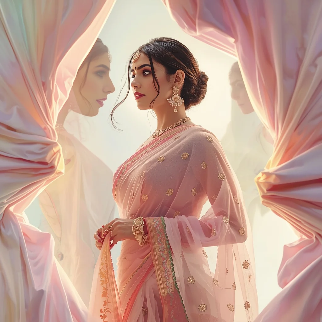 Festive Pastel Saree Quantum Light Fold Portal Collage Cinematic Aesthetic | Beautiful Saree Girl Ai Prompt Cinematic