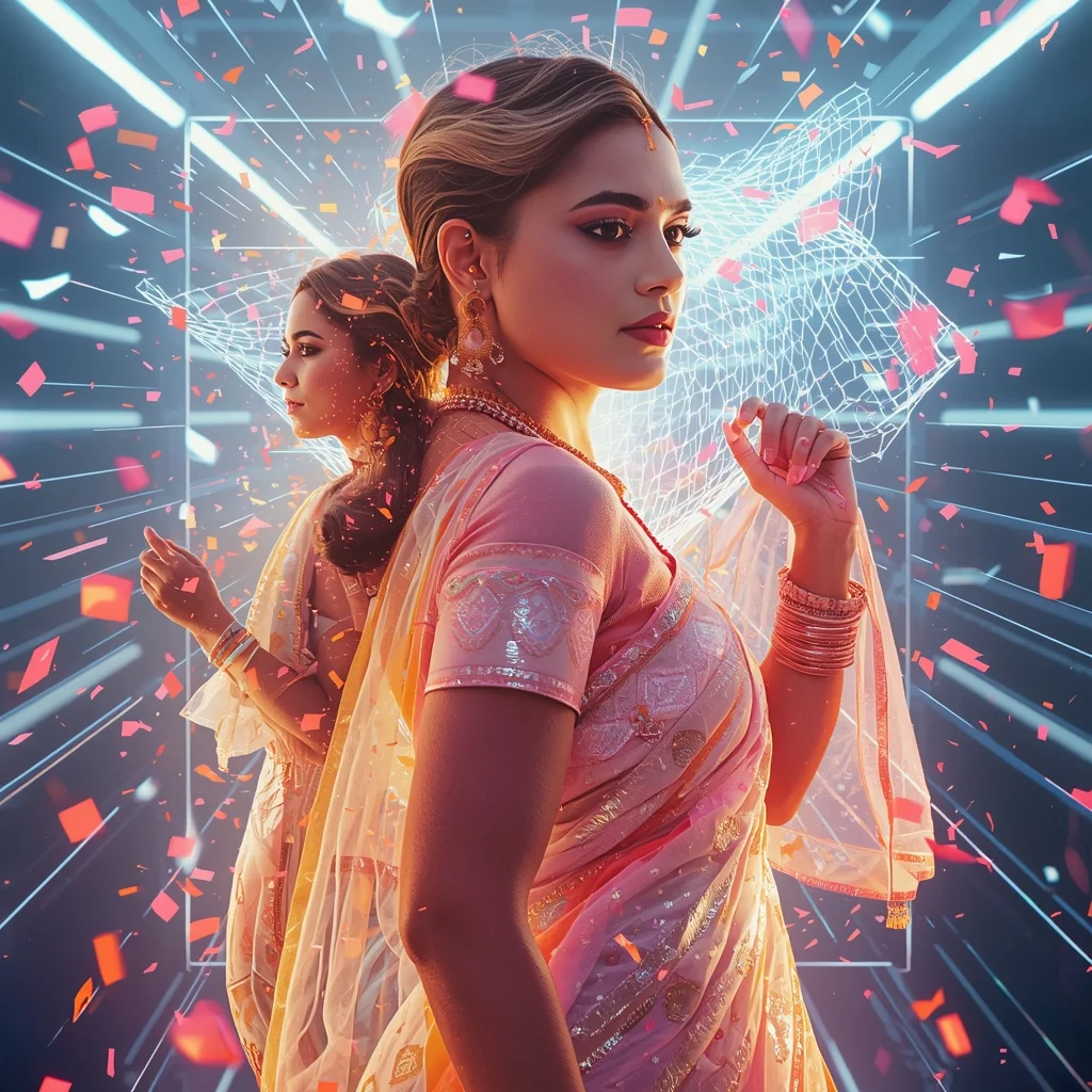 Festive Pastel Saree Quantum Magnetic Grid Tornado Collage | Hyper Futuristic Prompt | Saree Woman Ai Prompt - Woman Pose AI Image Prompt
