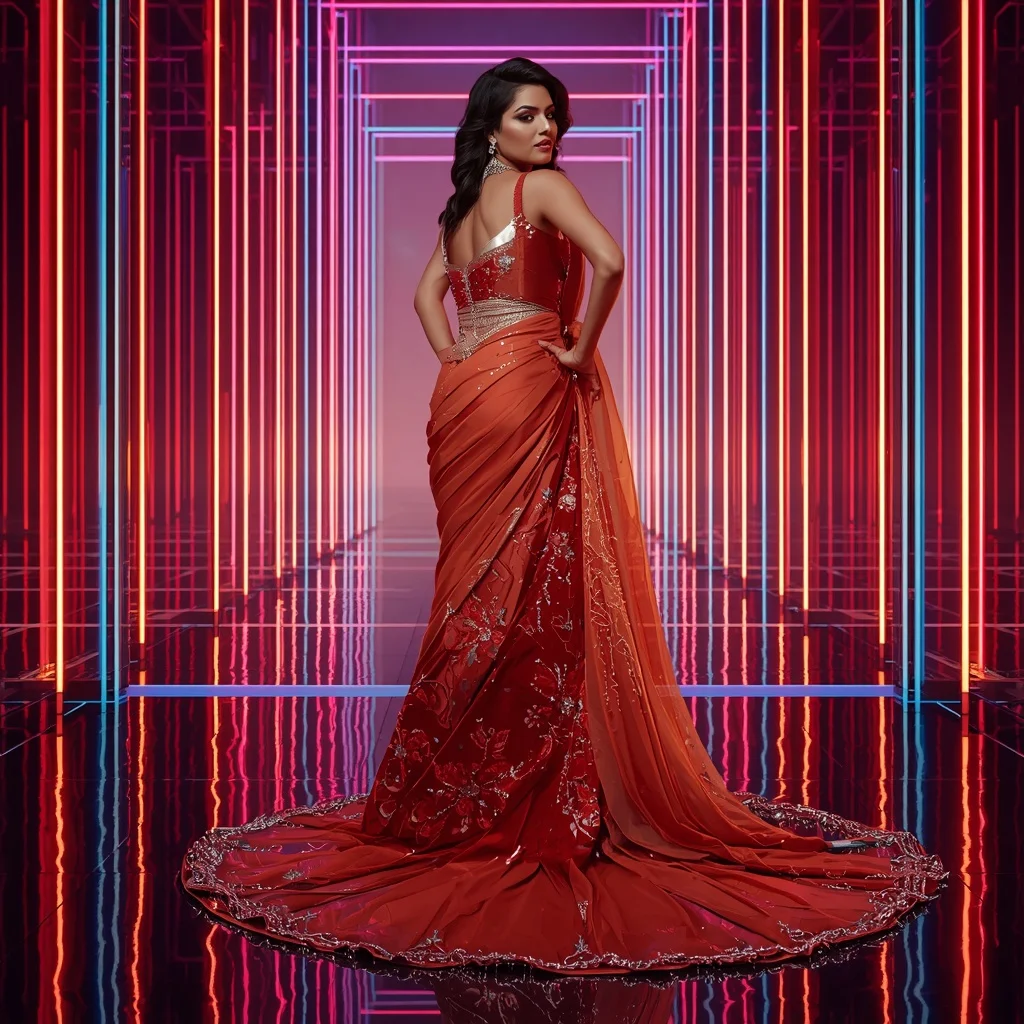 Fire Lotus Queen Saree with Quantum Neon Orbit Reflection Prism Cathedral | Trending Prompt For Gemini Ai Girl