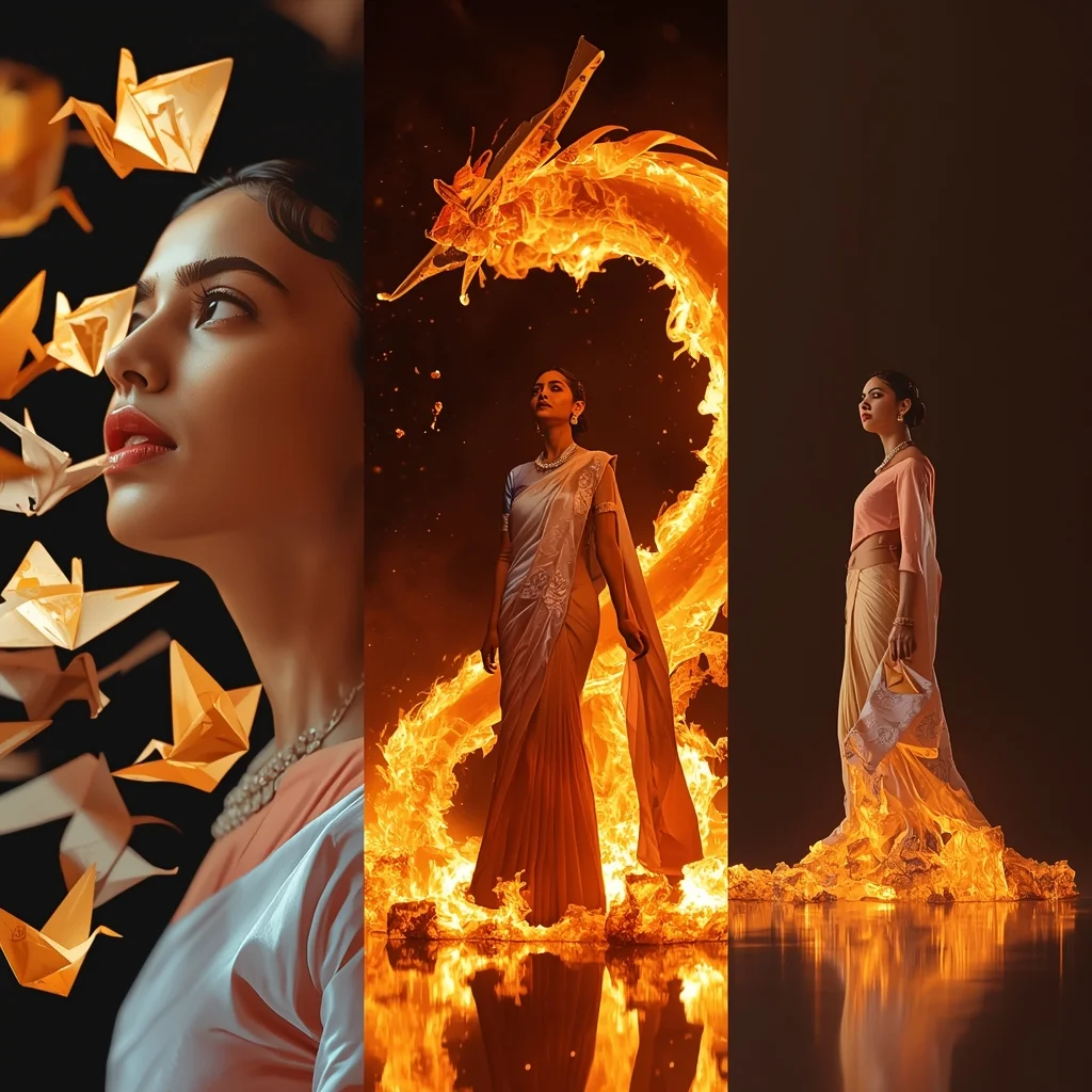 Floating Origami Phoenix Fire Metamorphosis Saree Collage | Gym Influencer Ai Prompt - Prompt Trending