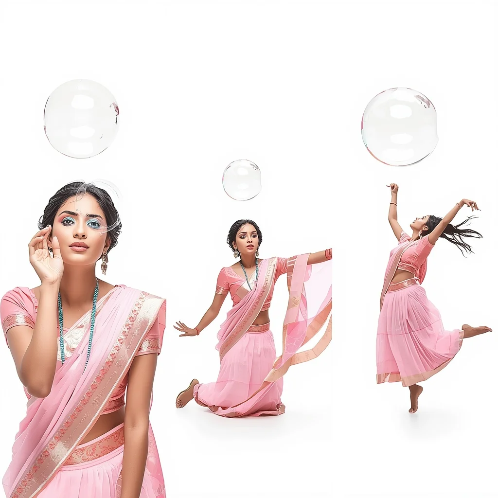 Floating Transparent Bubbles High Key White Studio Saree Layout | Saree Prompt For Instagram - Realistic AI Image Prompt