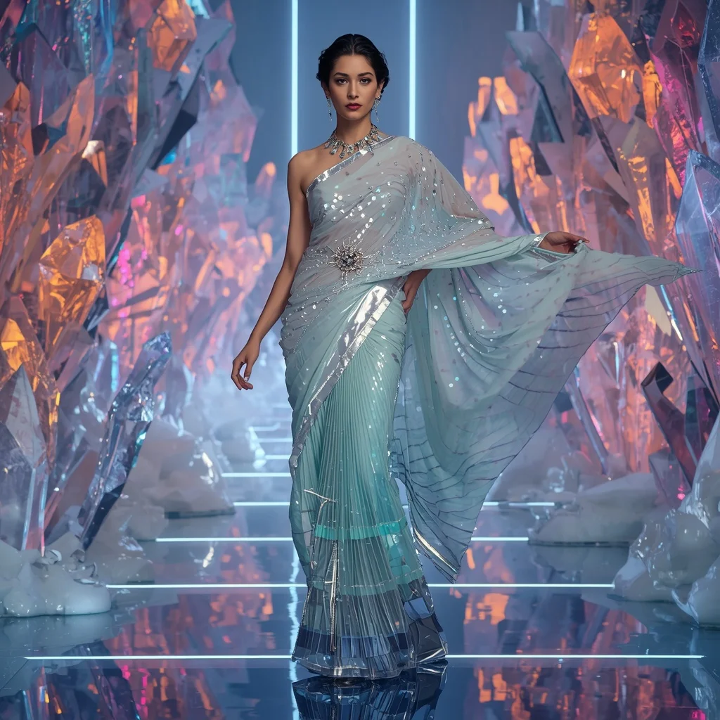 Frozen Aurora Saree with Floating Digital Crystal Gardens | Midjourney V6 Girl Prompt