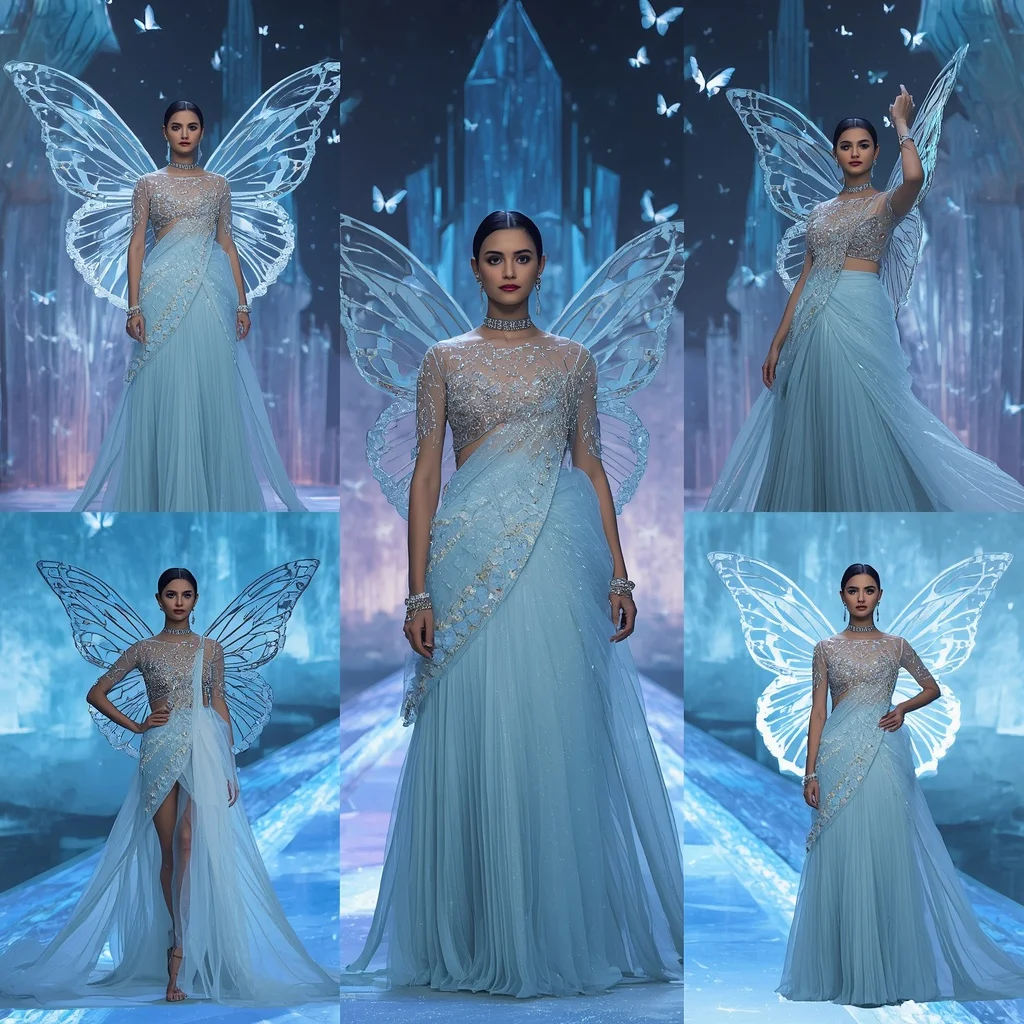 Frozen Diamond Butterfly Saree  Multi-Pose Ice Crystal Couture with Aurora Fantasy Palace Background | Instagram Profile Pic Ai Prompt