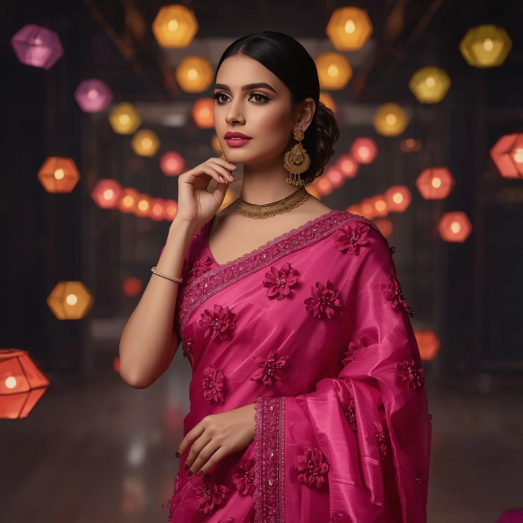 Fuchsia Fantasy: 3D Floral Organza Saree for Premium Festive Style | Wedding Ai Prompt