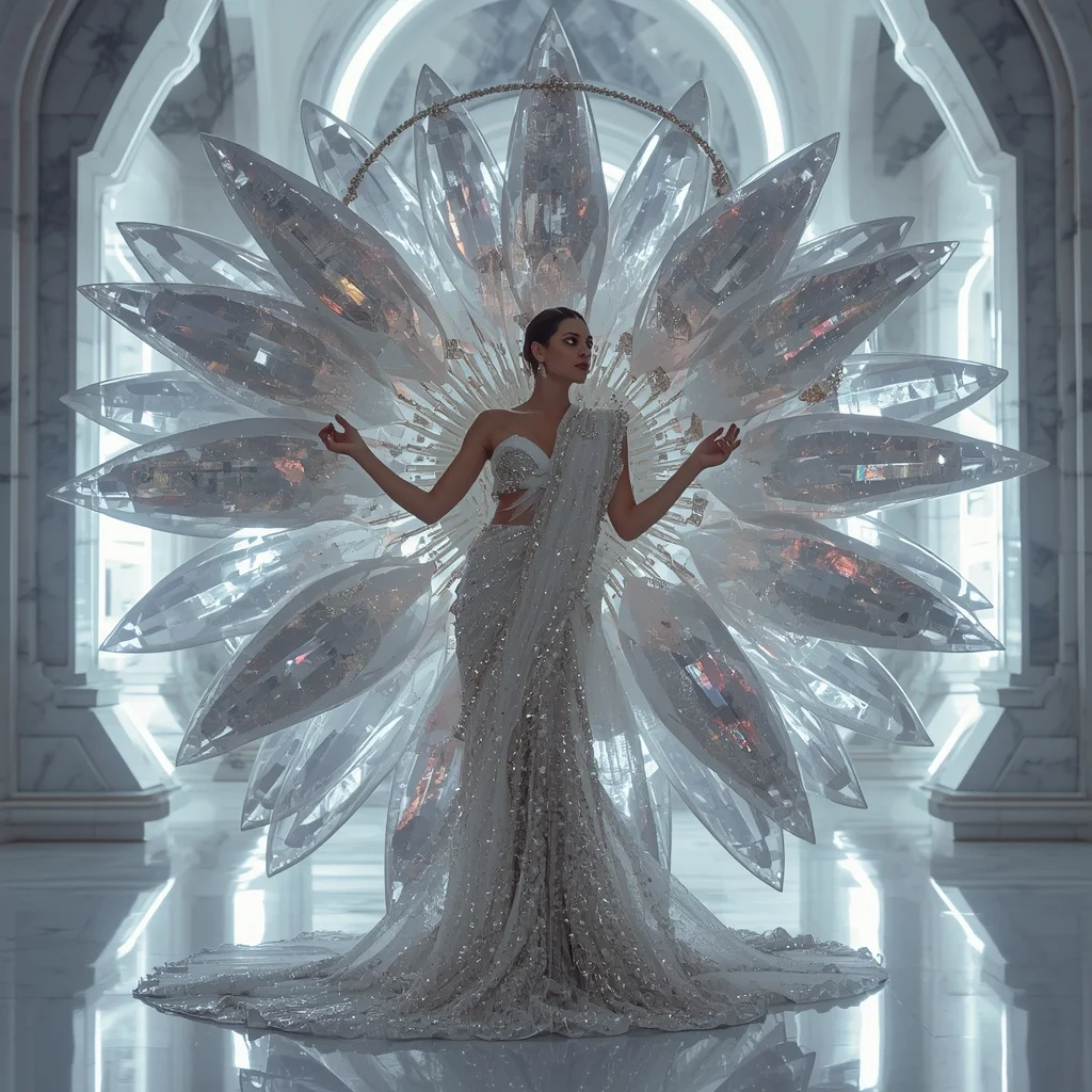 Giant Crystal Flower Halo Saree with White Reflection Temple | Neon Light Girl Portrait
