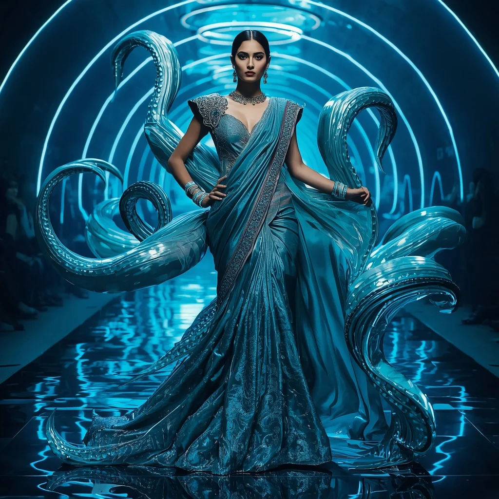 Giant Luxury Crystal Kraken Saree with Abyss Neon Palace | Saree Dp Ai Prompt