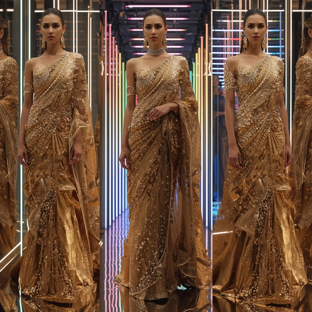 Golden Eclipse Couture Saree with Digital Halo Corridor | Ai Photo Editing Prompt - Woman Pose AI Image Prompt
