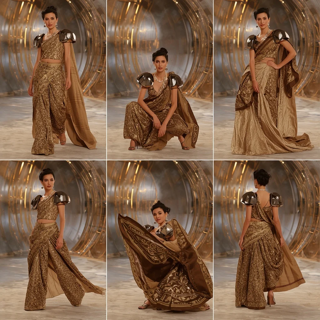 Golden Mirror Empress Saree with Six Fashion Frames and Holographic Infinity Dome | Influencers Ai Prompt - Prompt Trending