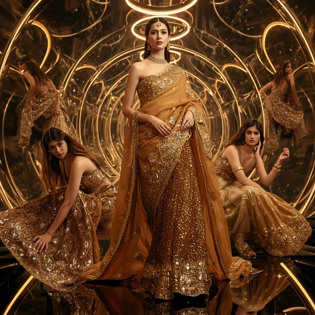Golden Thunder Queen Saree with Floating Halo Corridor | Art Ai Prompt - Prompt Trending