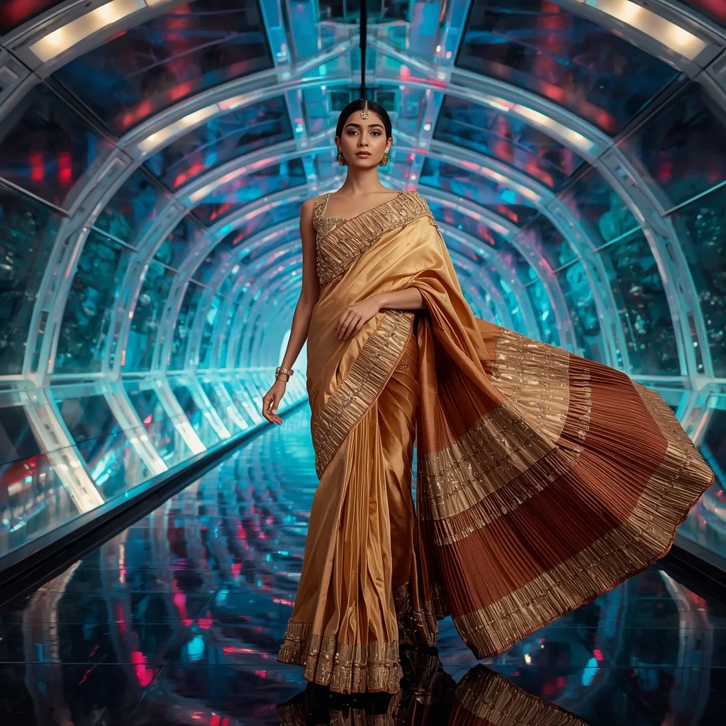 Golden Velvet Saree with Floating Aurora Infinity Bridges | Prompt For Gemini