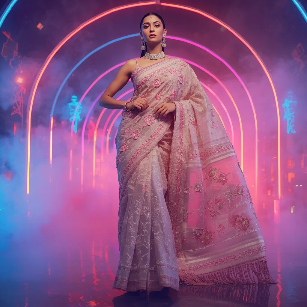 Heavy 3D Floral Embroidery Saree with Neon Dream Mist | Cute Ai Prompt