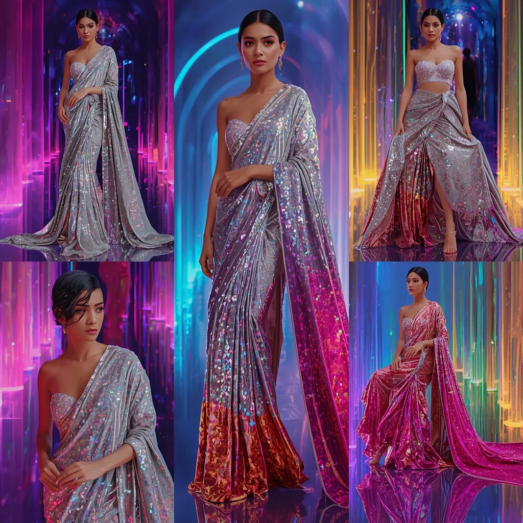 Holographic Dynasty Saree with RGB Infinity Crystal Universe | Girl Photo Prompt Gemini - Woman Pose AI Image Prompt