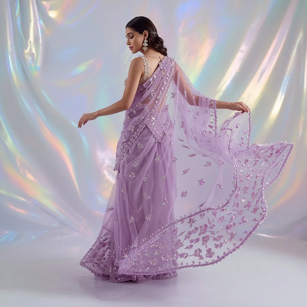 Lavender Dream: Swarovski Crystal Net Saree with Holographic Background | Gemini Ai Prompt