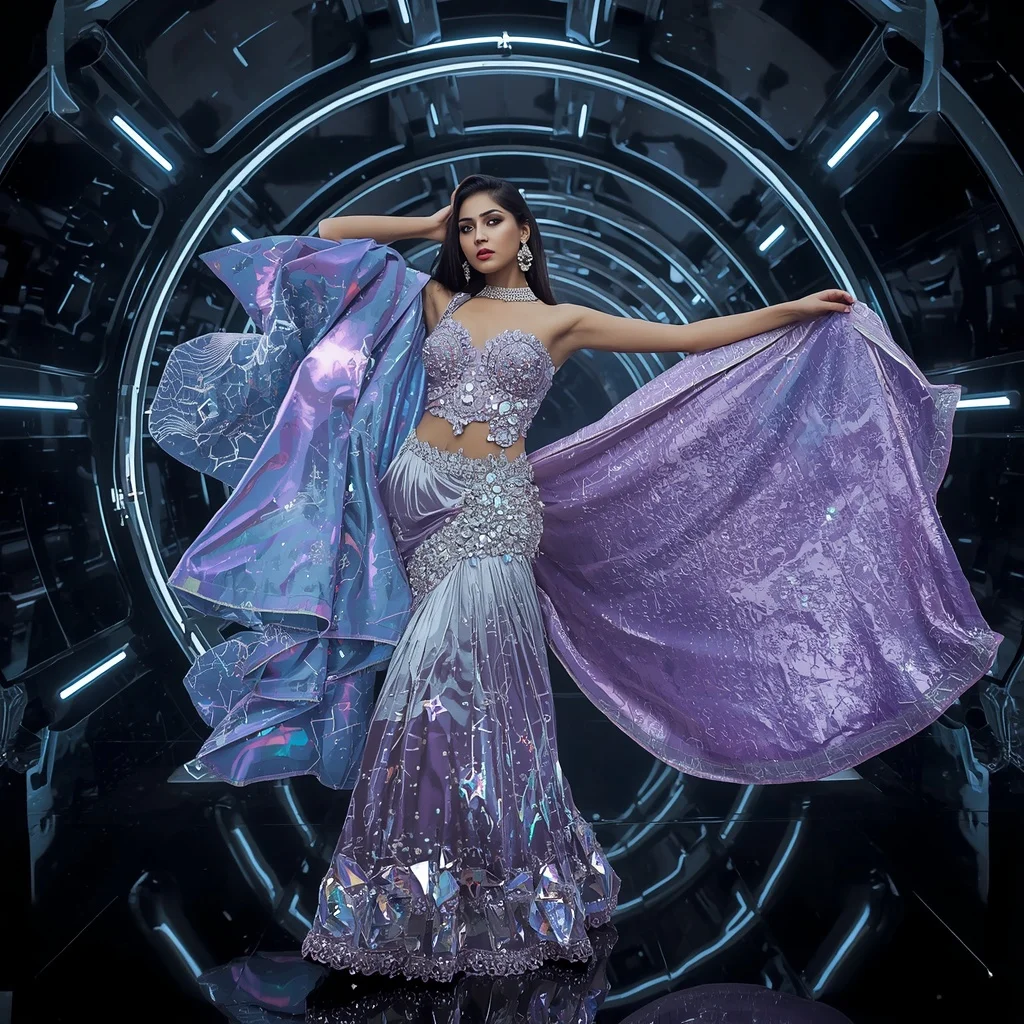 Liquid Diamond Orbit Saree with Futuristic Mirror Galaxy Tunnel | Dslr Portrait Ai Prompt