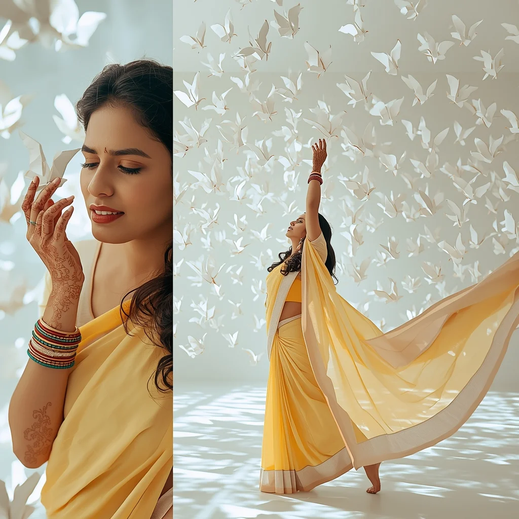Luminous White Origami Birds Sunlit Studio Saree Storyboard Layout | Saree Photo Ai Prompt - Prompt Trending