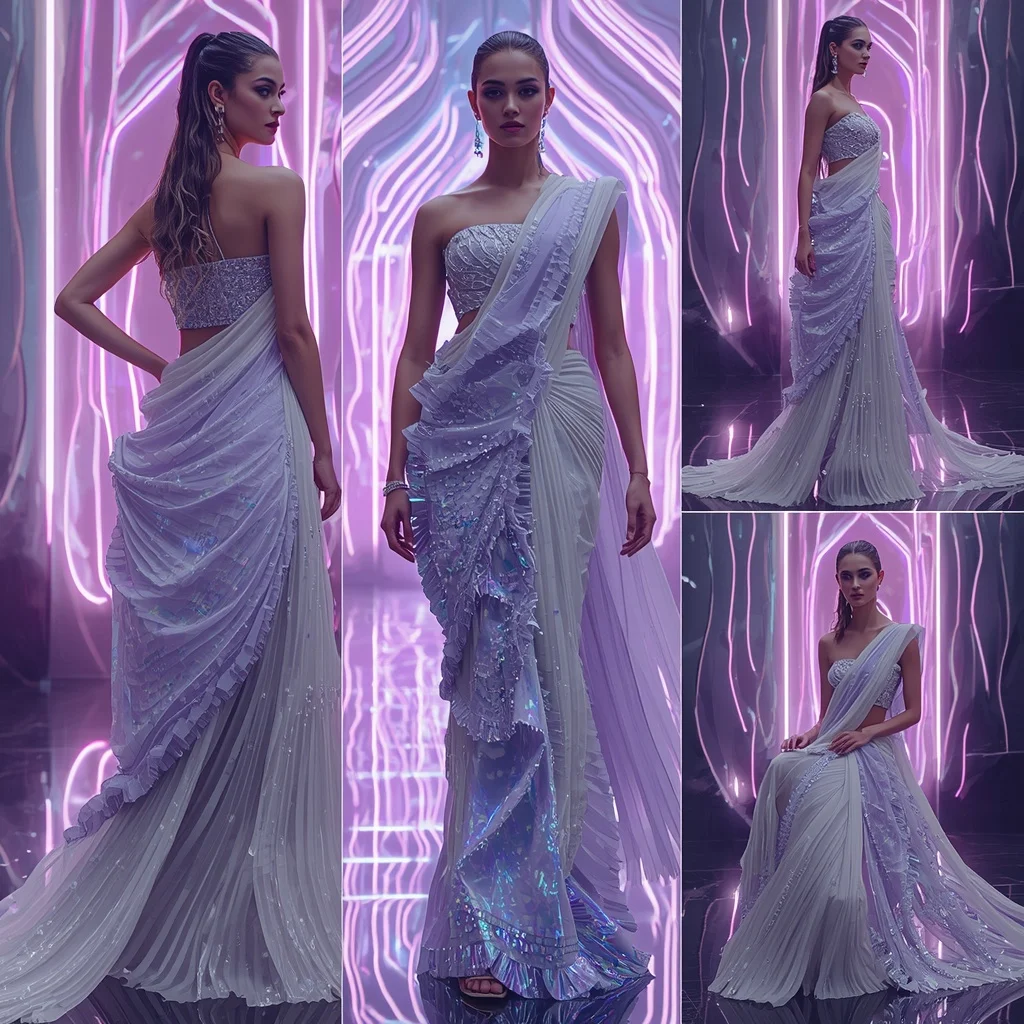 Lunar Prism Couture Saree with Neon Ribbon Fortress | Secret Ai Prompt - Woman Pose AI Image Prompt
