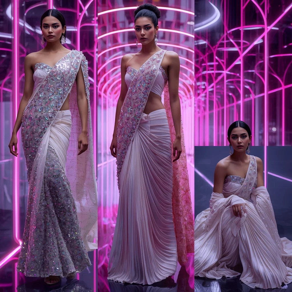 Lunar Prism Couture Saree with Neon Ribbon Tunnel | Ai Selfie Prompt - Woman Pose AI Image Prompt