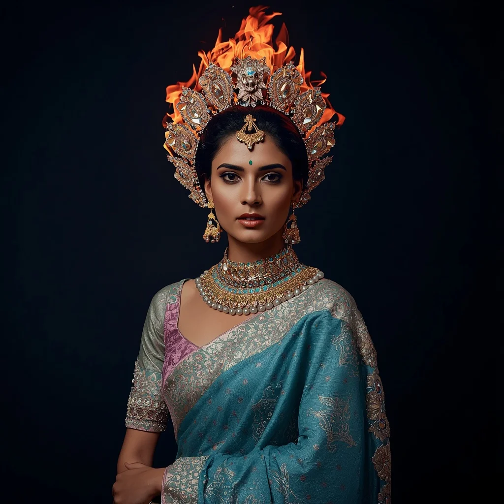 Metallic Dragon Flame Crown Saree with Neon Fire Cathedral | Dslr Portrait Ai Prompt
