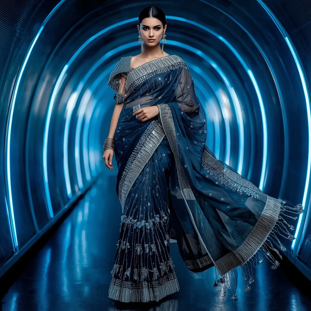 Midnight Chrome Festival Saree with Laser Corridor | Romantic Ai Prompt - Woman Pose AI Image Prompt