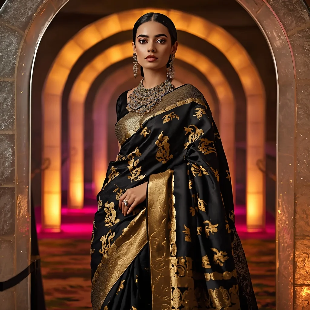 Midnight Gold Opulence: Foil Print Festive Saree with Illuminated Arches | Gym Influencer Ai Prompt