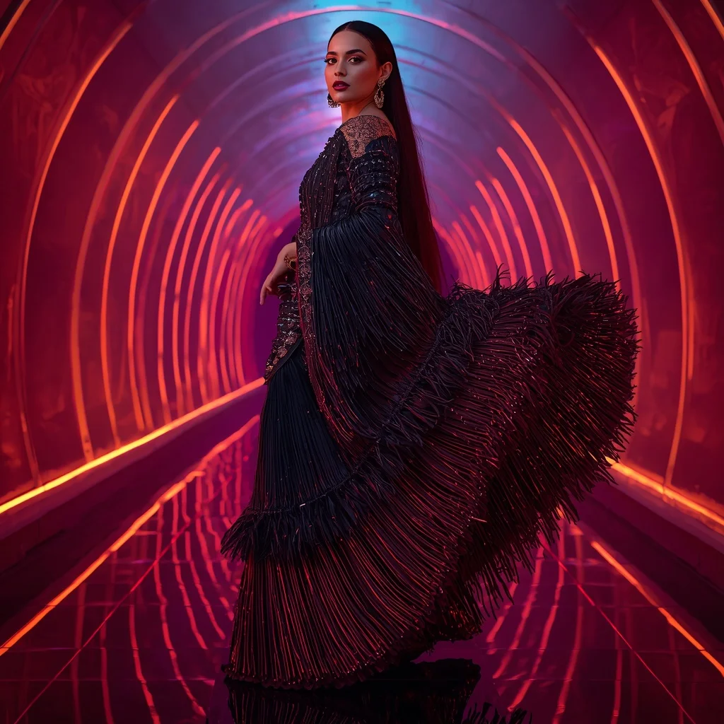 Midnight Lava Crystal Saree with Holographic Dome Corridor | Traditional Lehenga Girl Prompt