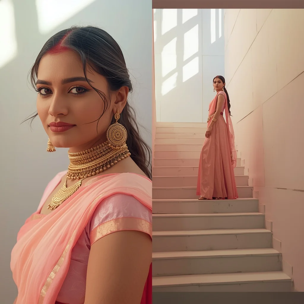 Pastel Saree Minimal Staircase Depth Perspective Cinematic Prompt | Saree Profile Pic Ai Prompt - Realistic AI Image Prompt