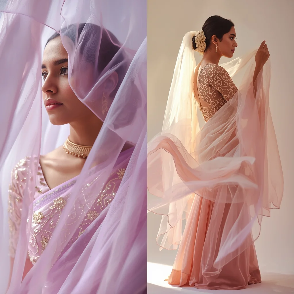 Pastel Saree Transparent Veil Layer Depth Cinematic Prompt | Saree Prompt For Gemini - Woman Pose AI Image Prompt