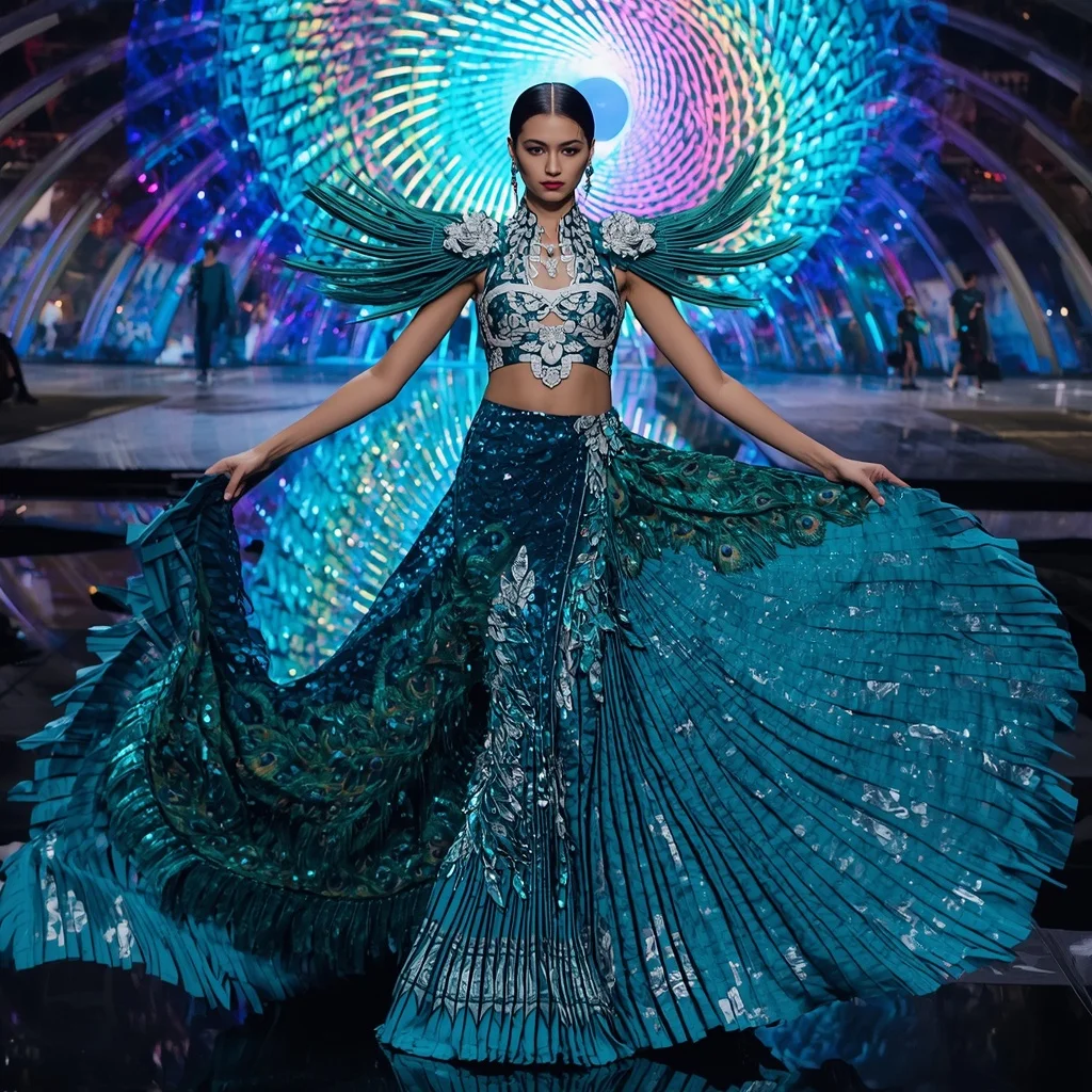 Peacock Prism Empress Saree with Infinity Neon Spiral Crystal Reflection Cathedral | Saree Woman Ai Prompt