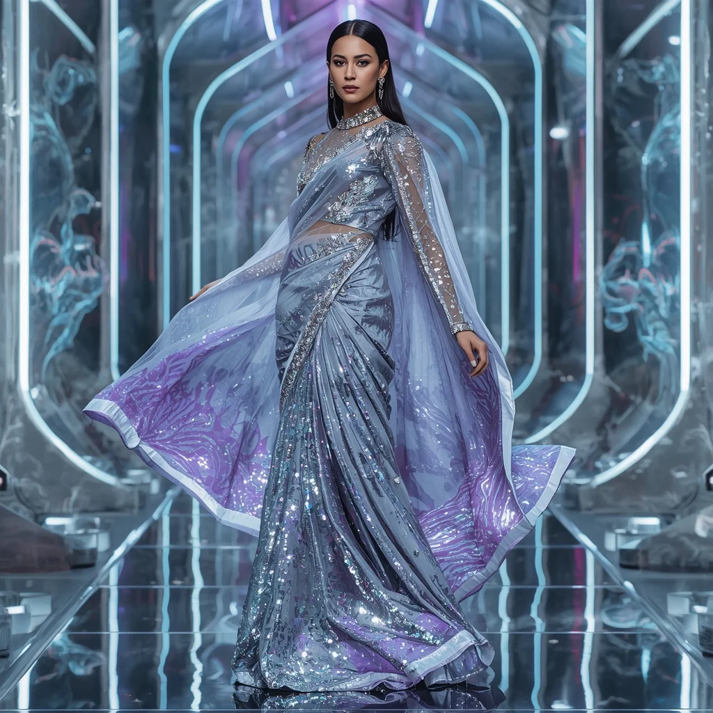 Platinum Galaxy Queen Saree with Floating Aurora Cathedral | Banarasi Saree Ai Prompt