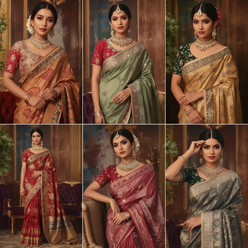 Premium Festive Fancy Saree Collage with Multiple Stylish Poses | Luxury Designer Saree Fashion Inspiration | ChatGPT Ai Prompt - Prompt Trending