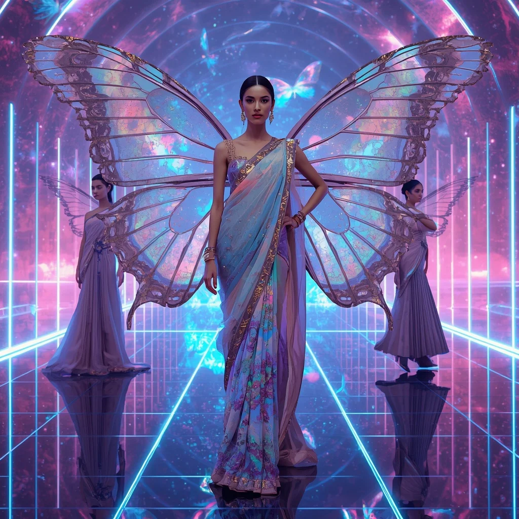 Prism Galaxy Butterfly Empress Saree – Futuristic Multi-Pose Rainbow Couture with Cosmic Laser Palace Background | Gemini Ai Prompt