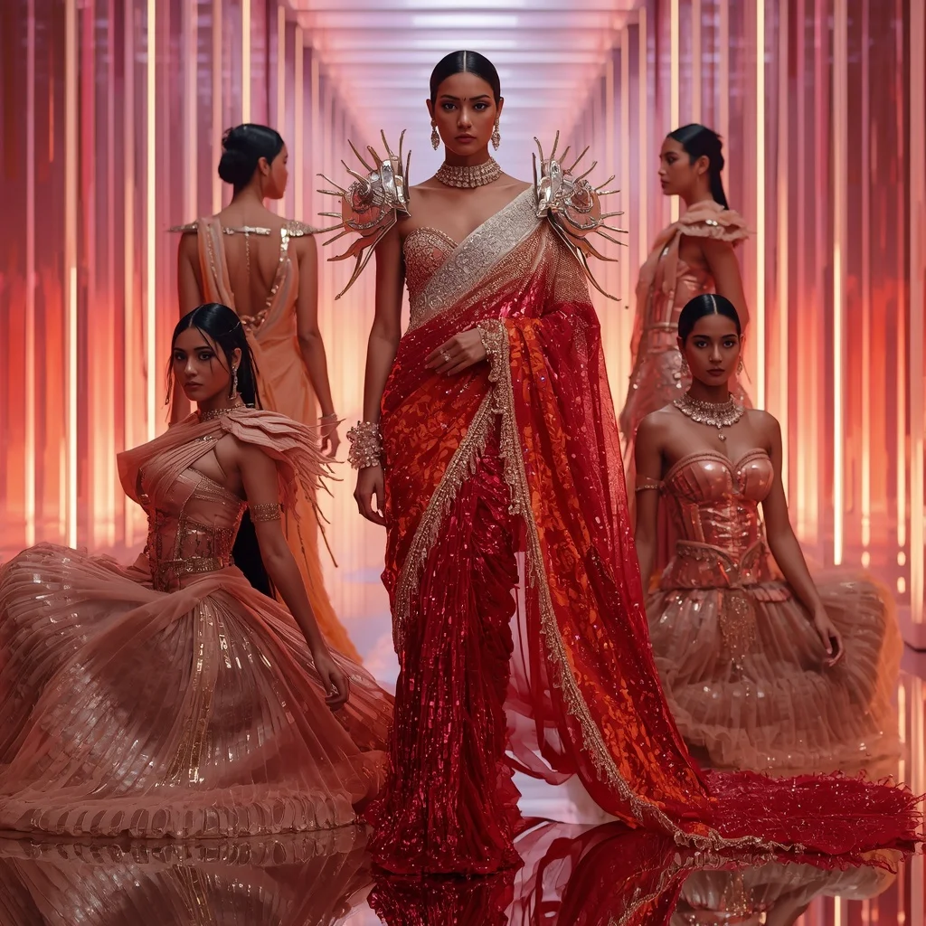 Rose Gold Phoenix Majesty Saree with Infinite Prism Corridors | Instagram Girl Gemini Prompt - Woman Pose AI Image Prompt