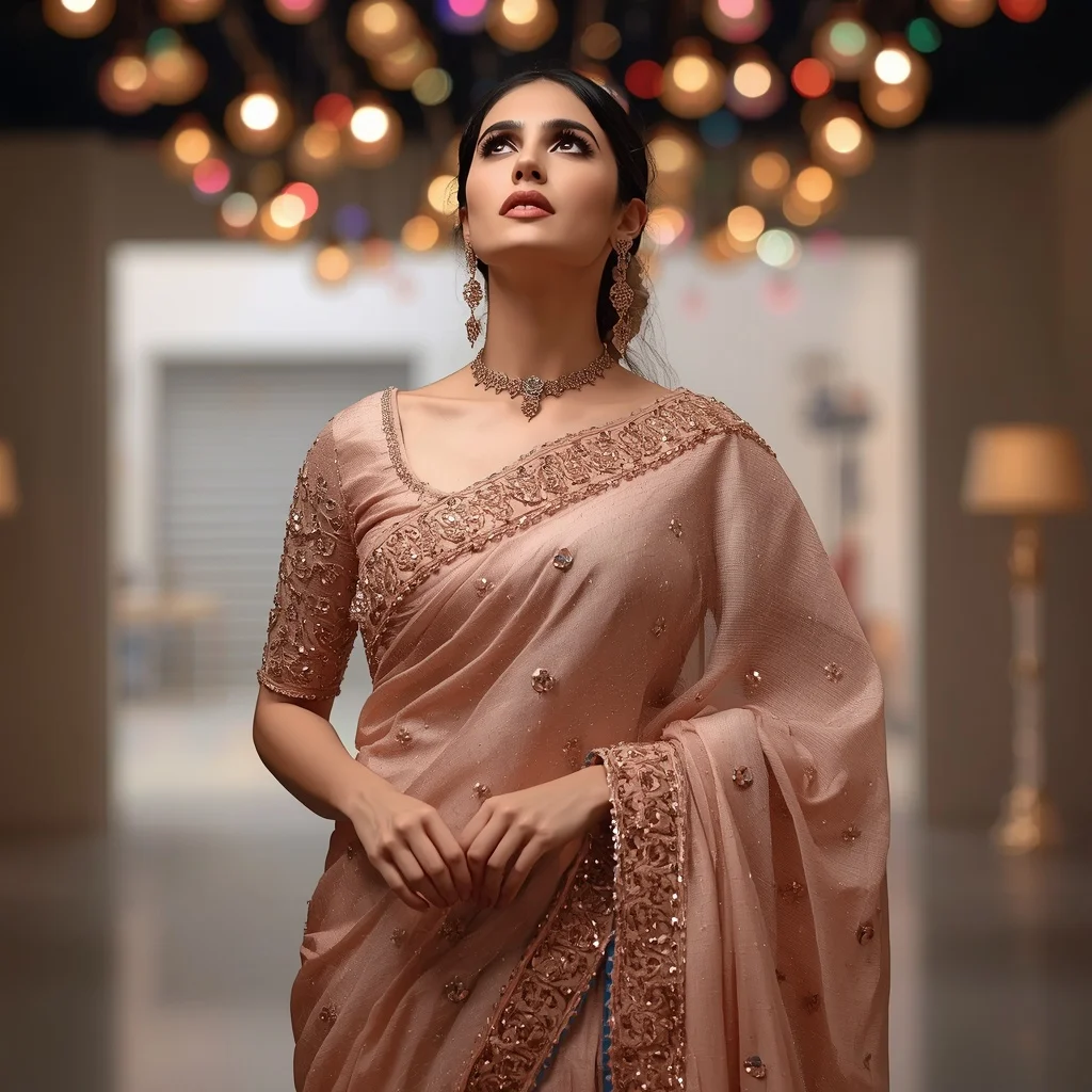 Rose Gold Shimmer: Embellished Tissue Saree for Luxurious Festive Looks | Face Ai Prompt
