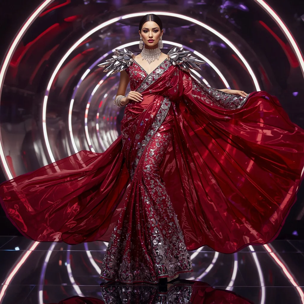 Ruby Mirage Hologram Saree with Infinity Light Rings | Prompt For Gemini Ai Girl In Kurti