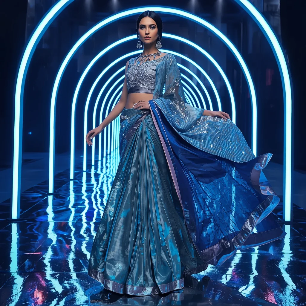 Sapphire Aurora Fantasy Saree with Floating LED Arches | Chatgpt Prompt