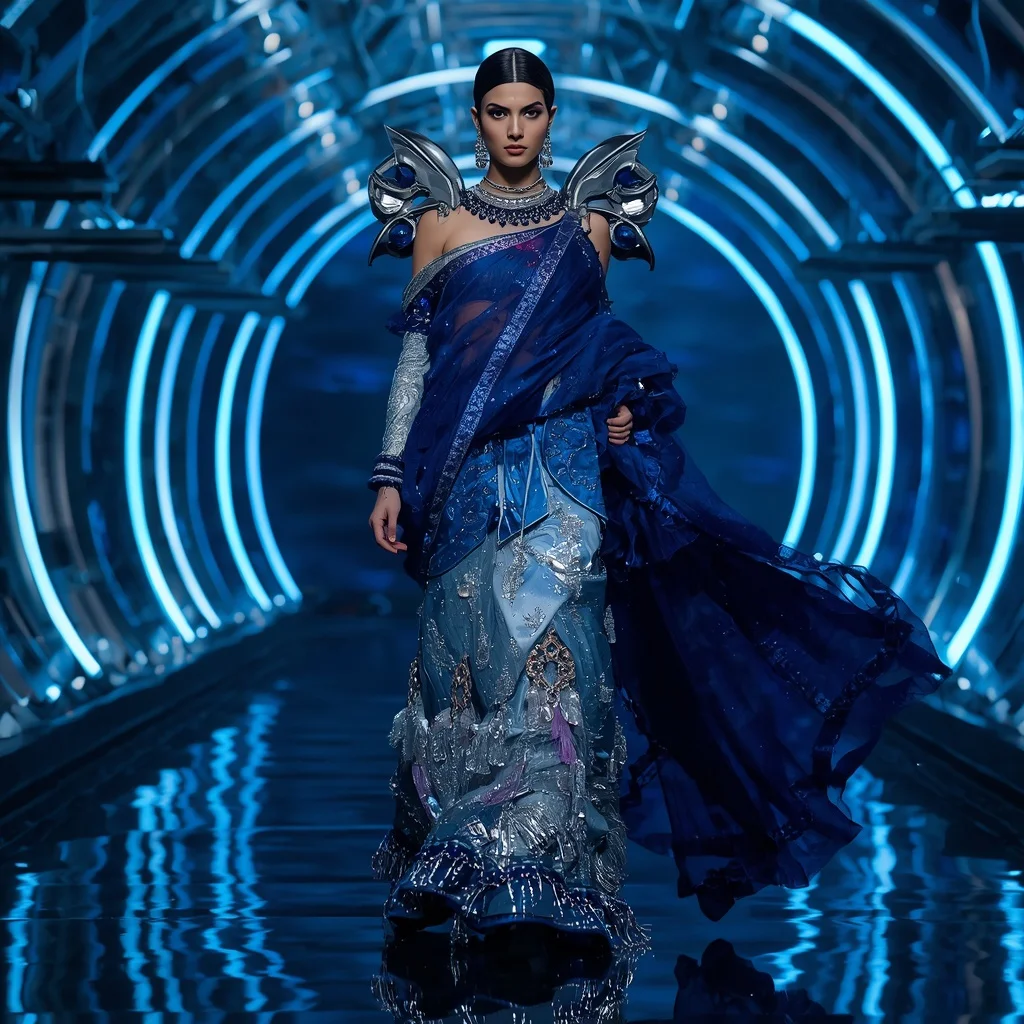Sapphire Galaxy Armor Saree with Floating Laser Bridges | Gemini Ai Prompt For Instagram