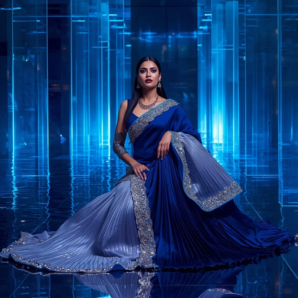 Sapphire Mirage Designer Saree with Neon Water Architecture | Viral Instagram Ai Prompt - Prompt Trending