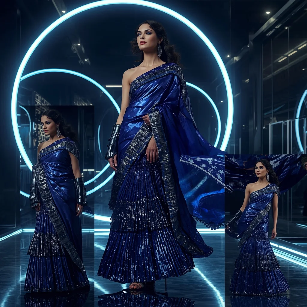 Sapphire Thunder Saree with Floating Electric Rings | Aesthetic Saree Ai Prompt - Prompt Trending