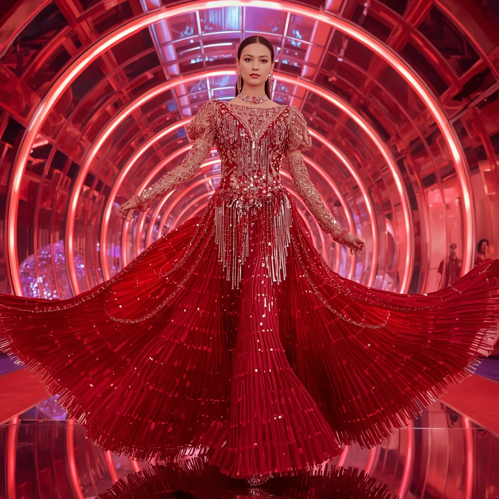 Scarlet Diamond Aurora Saree with Floating RGB Dome | Prompt For Girls College Ai Photo Editing