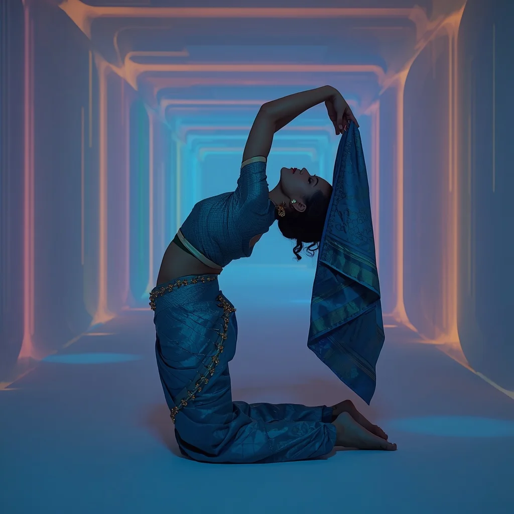 Sculpted Origami Fold Brocade Saree: Peacock Blue | The Kneeling Arch Over Head Pose | Glowing Optical Illusion Tunnels | Cute Girl Ai Prompt - Prompt Trending