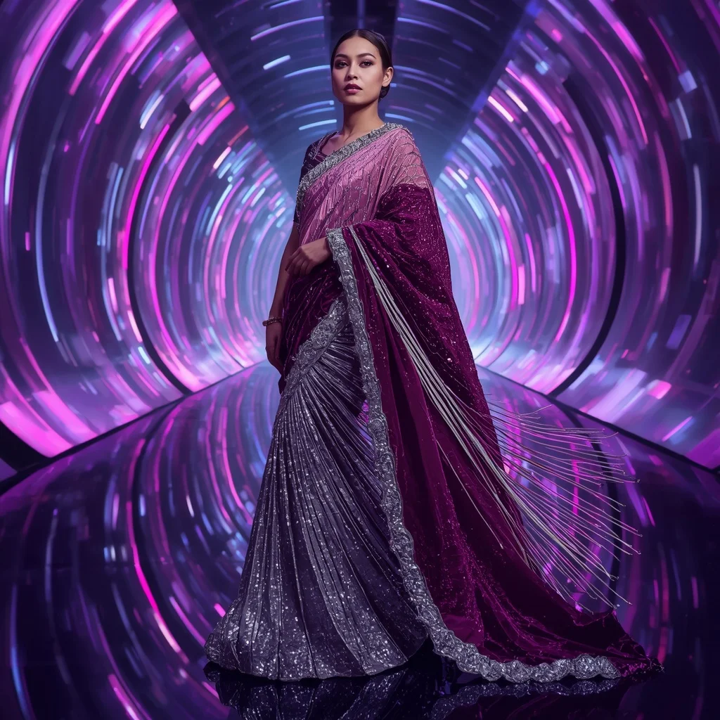 Velvet Cosmic Flame Saree with Floating Infinity Panels | South Indian Girl Ai Prompt