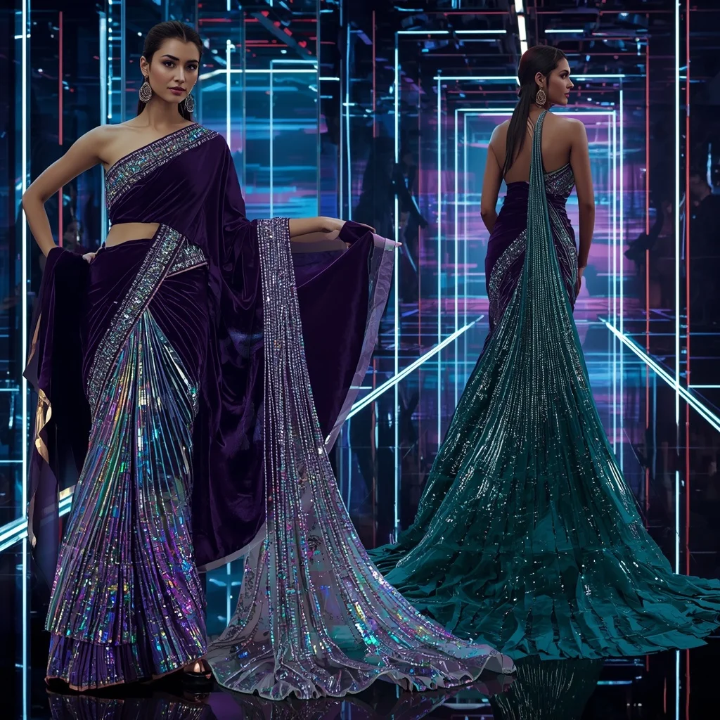 Velvet Galaxy Festival Saree with Digital Prism Runway | Easy Ai Prompt - Woman Pose AI Image Prompt
