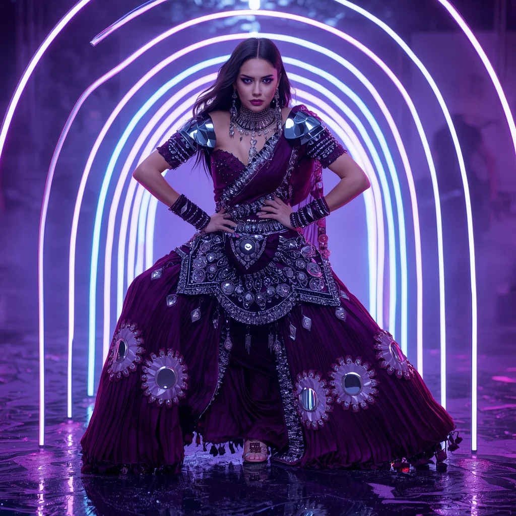 Violet Thunder Designer Saree with Holographic Arc Chamber | Ai Prompt For Social Media - Prompt Trending