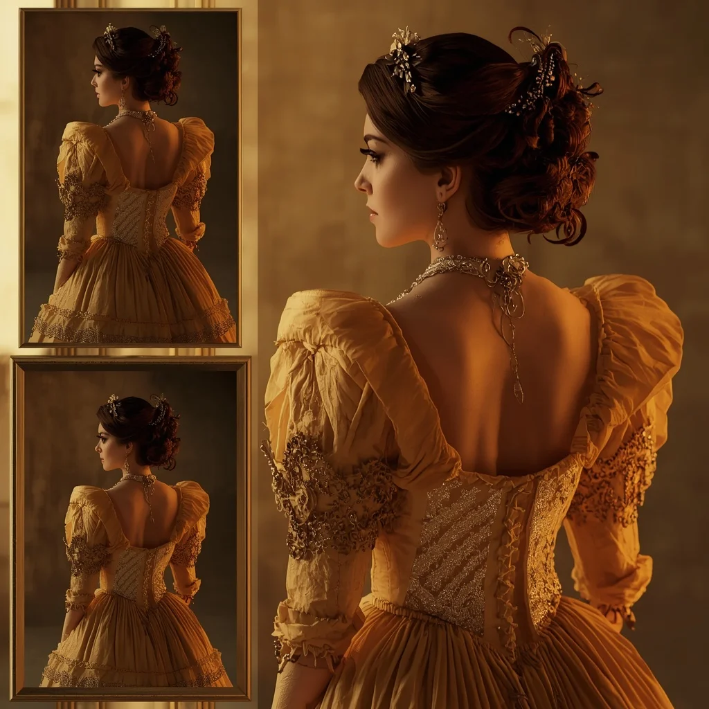 Western Victorian Bustle Dress Golden Glow Collage Luxury Cinematic | Instagram Carousel Ai Prompt - Prompt Trending